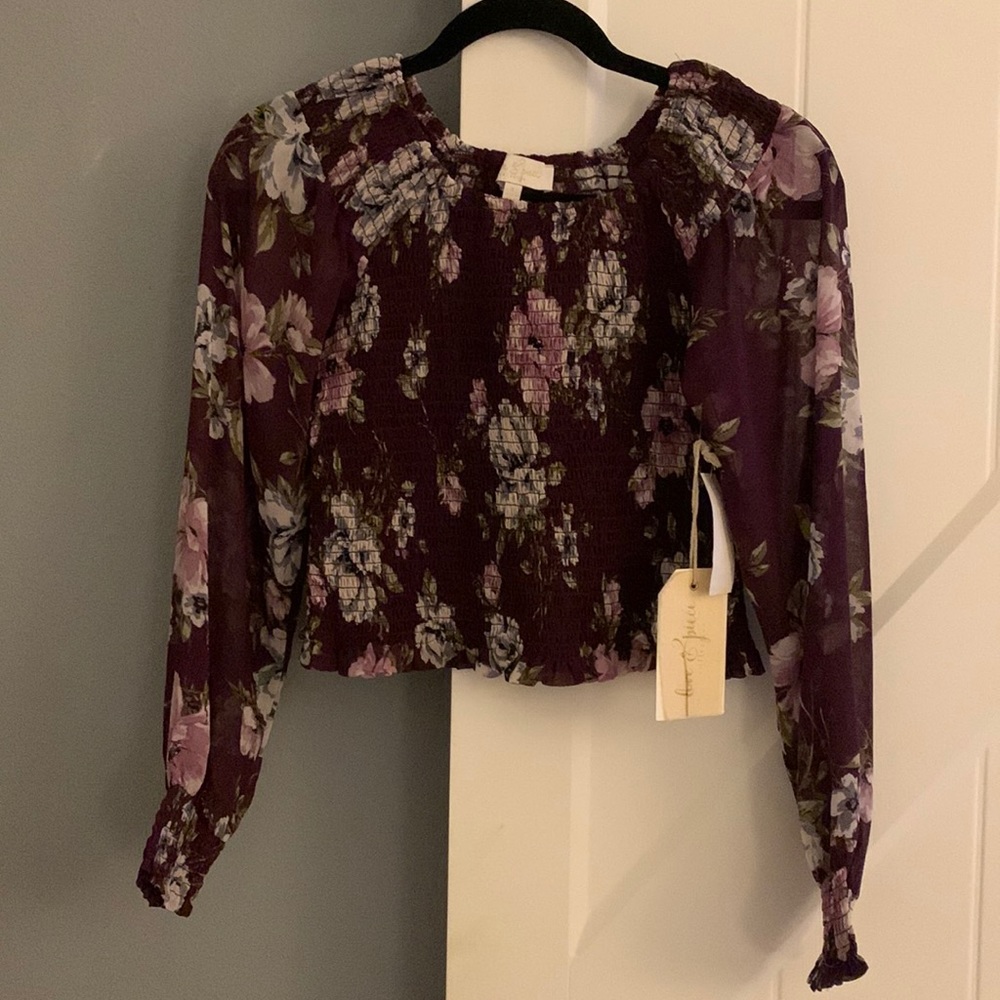 Floral smocked Printed Top, color is eggplant denim olive NWT